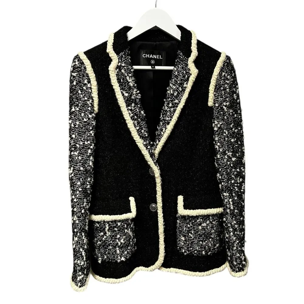 Chanel Black White Tweed Logo Button Front Jacket Size 36 / US 4 Luxury Corpcore